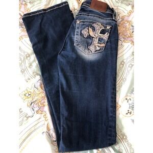 Miss Me Cross Feather Embroidered Bootcut Jeans Dark Wash Blue Size 24x34